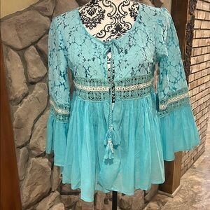 NWT Ranees Turquoise Blue Lace Women Cardigan Top S